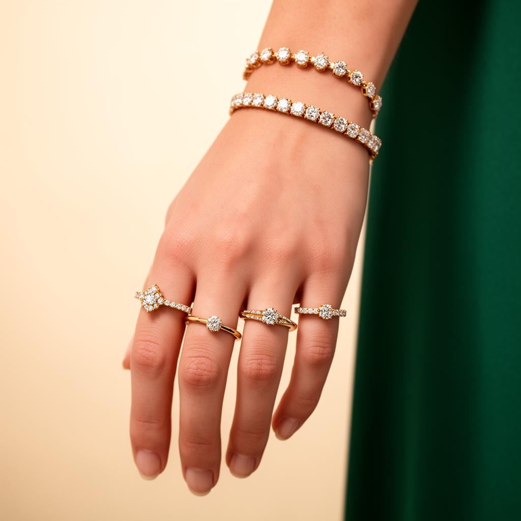 Model wearing MOJAR diamond and gold jewelry